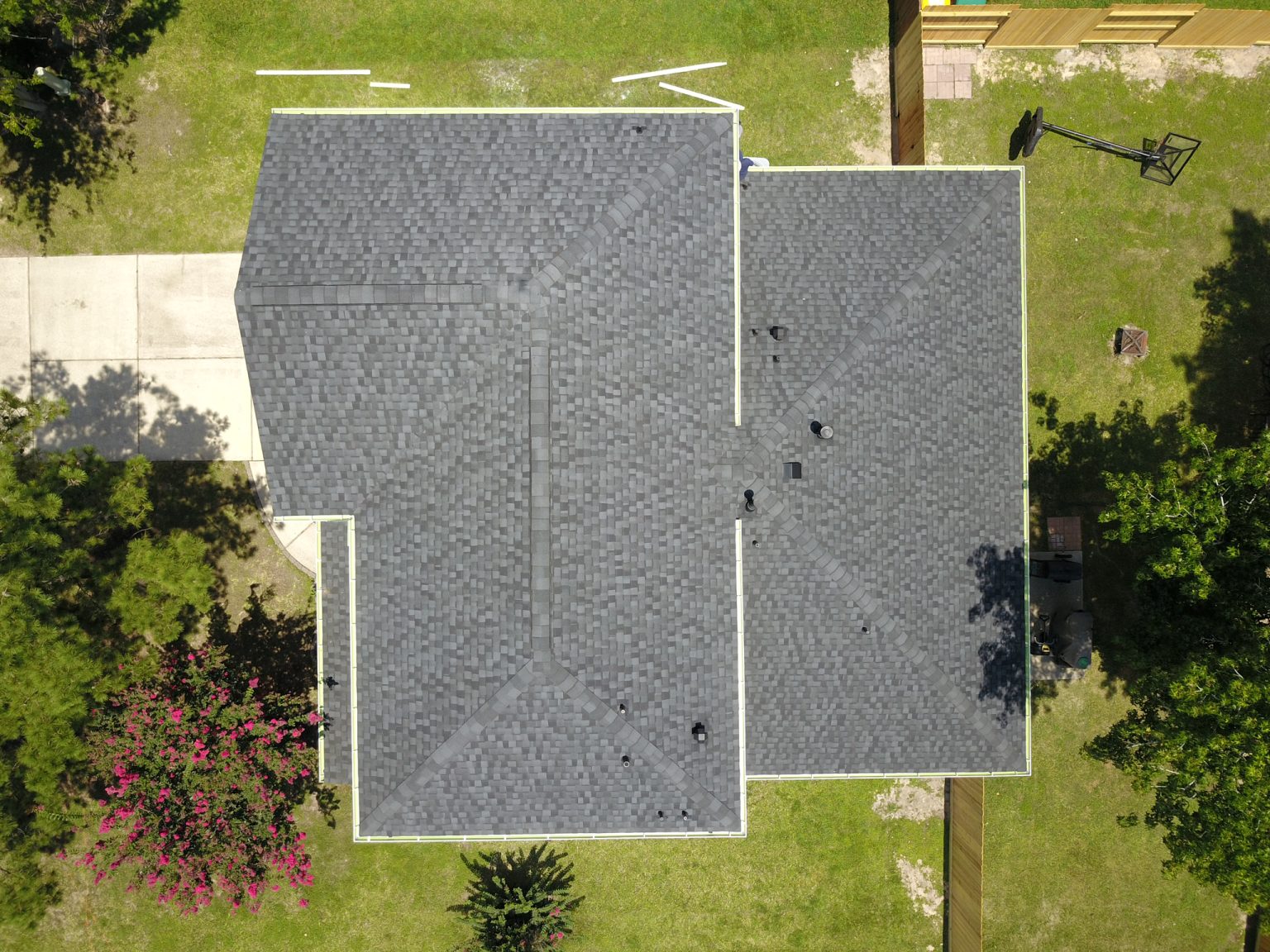 Aerial view of a finished hip roof
